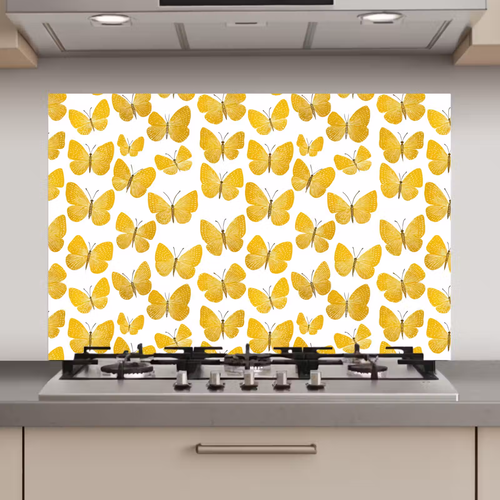 Spatscherm keuken - Vlinders - Botanisch - Illustratie - Geel - Wit — 1