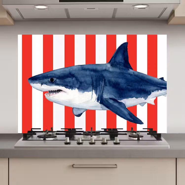 Spatscherm keuken - Vis - Haai - Zee - Illustratie - Blauw — 1