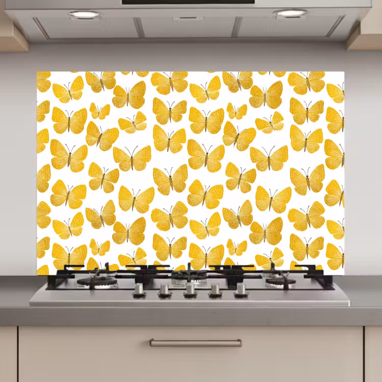 Spatscherm keuken - Vlinders - Botanisch - Illustratie - Geel - Wit — 1