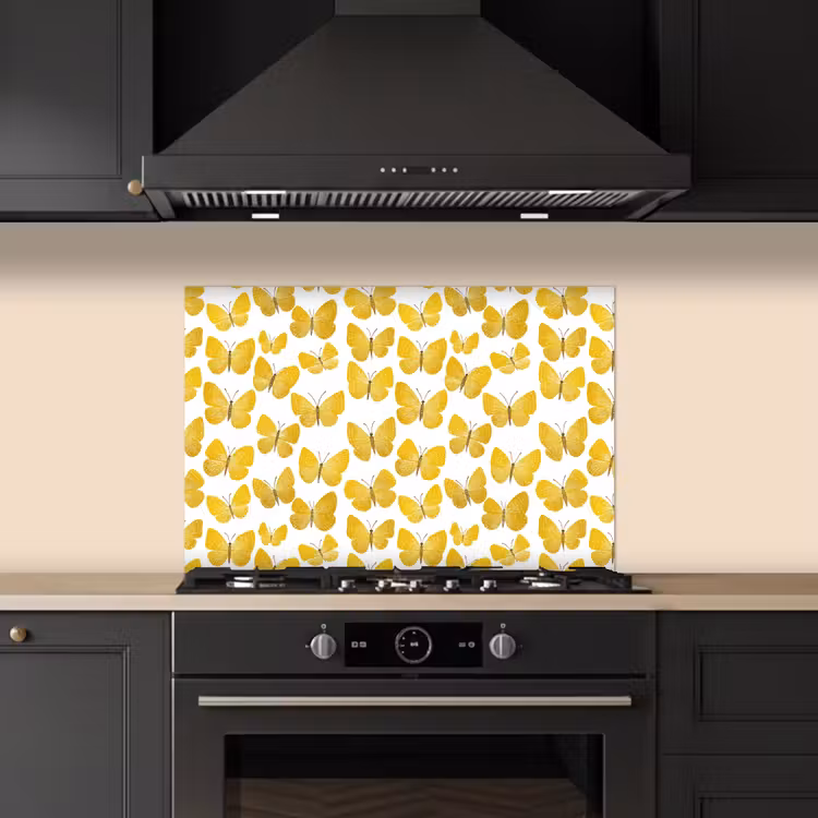 Spatscherm keuken - Vlinders - Botanisch - Illustratie - Geel - Wit — 2