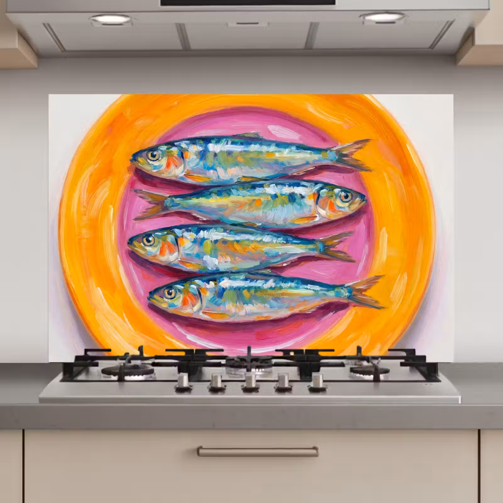 Spatscherm keuken - Vis - Vier - Eten - Modern - Kleurrijk — 1