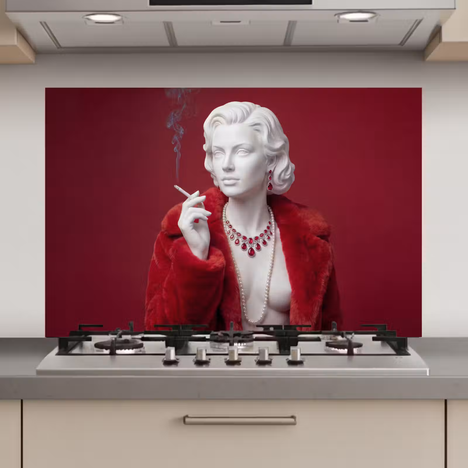 Spatscherm keuken - Vrouw - Bontjas - Mode - Klassiek - Rood — 1