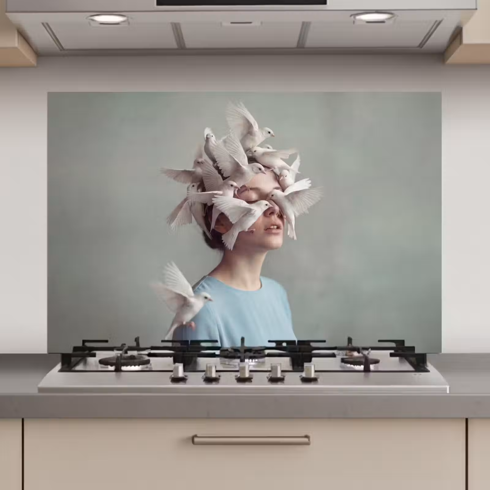 Spatscherm keuken - Vrouw - Vogels - Abstract - Modern - Wit — 1