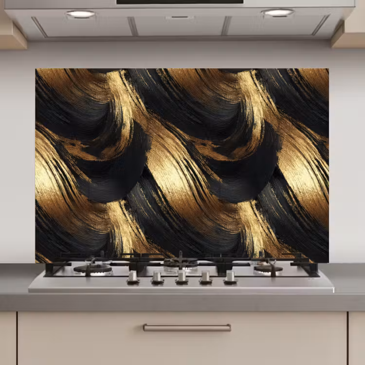 Spatscherm keuken - Verfstreken - Abstract - Goud - Zwart — 1