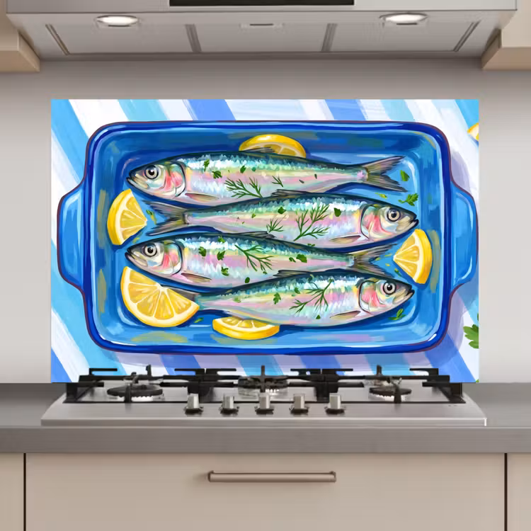 Spatscherm keuken - Vis - Citroen - Kruiden - Eten - Blauw — 1