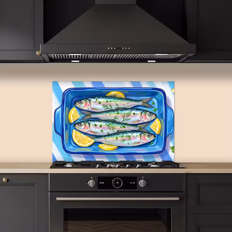 Spatscherm keuken - Vis - Citroen - Kruiden - Eten - Blauw — 2
