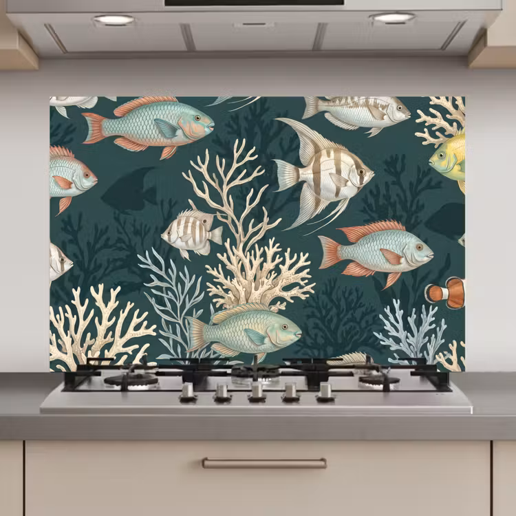 Spatscherm keuken - Vis - Koraal - Onderwater - Illustratie — 1