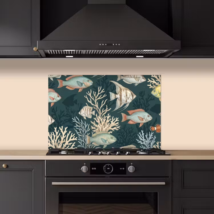Spatscherm keuken - Vis - Koraal - Onderwater - Illustratie — 2