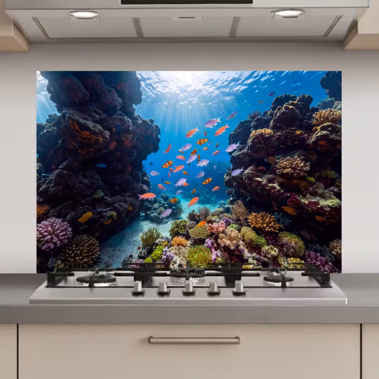 Spatscherm keuken - Vis - Koraalrif - Onderwater - Levendig - Blauw — 1