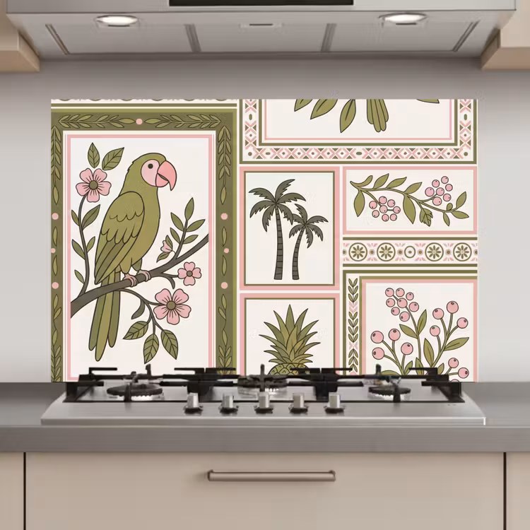 Spatscherm keuken - Vogel - Tropisch - Patroon - Decoratief - Groen — 1