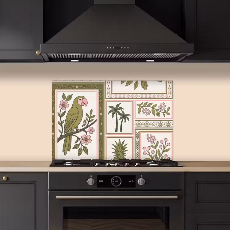 Spatscherm keuken - Vogel - Tropisch - Patroon - Decoratief - Groen — 2
