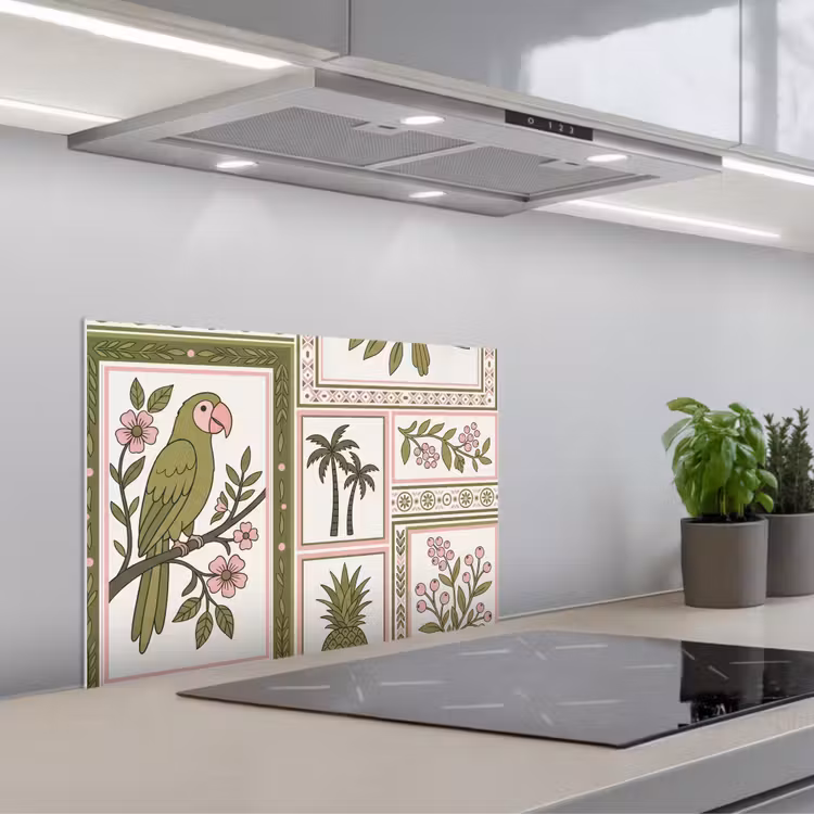 Spatscherm keuken - Vogel - Tropisch - Patroon - Decoratief - Groen — 5