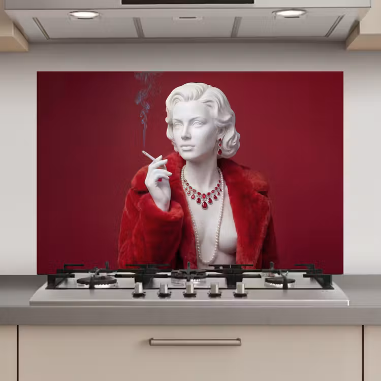 Spatscherm keuken - Vrouw - Bontjas - Mode - Klassiek - Rood — 1