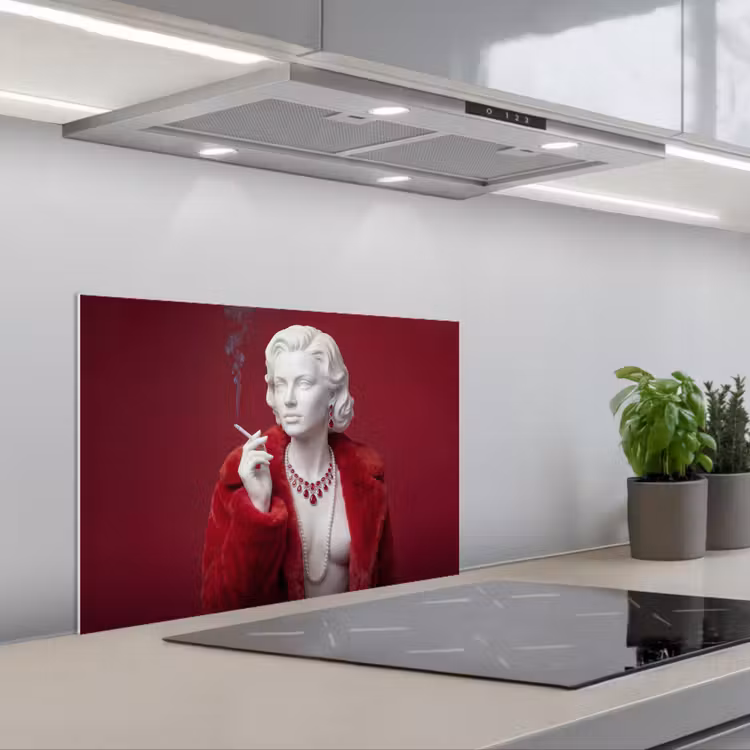 Spatscherm keuken - Vrouw - Bontjas - Mode - Klassiek - Rood — 5