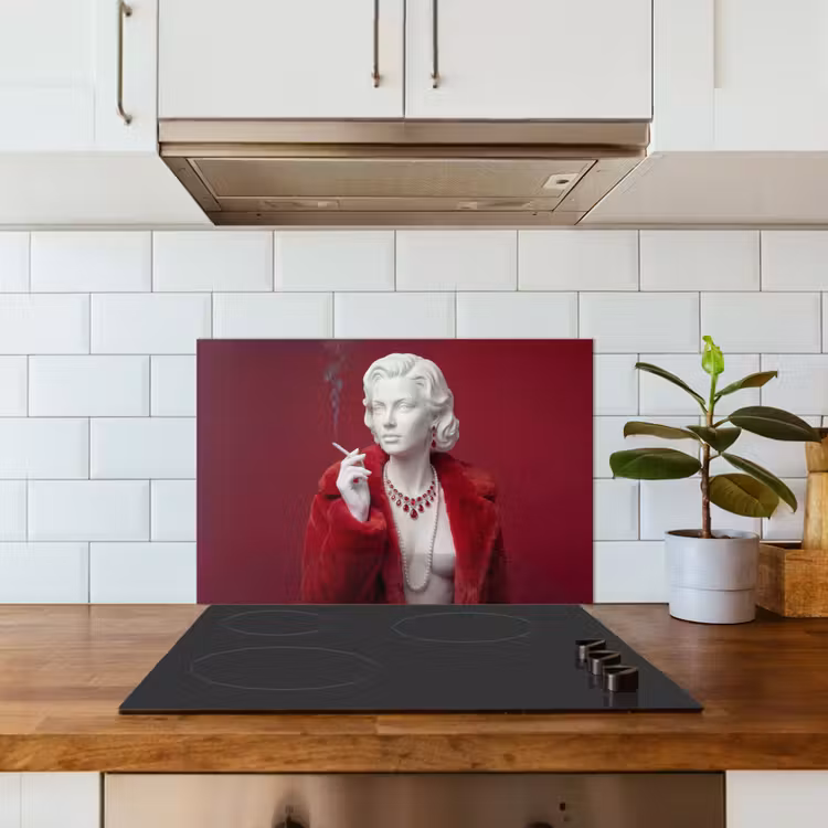 Spatscherm keuken - Vrouw - Bontjas - Mode - Klassiek - Rood — 6