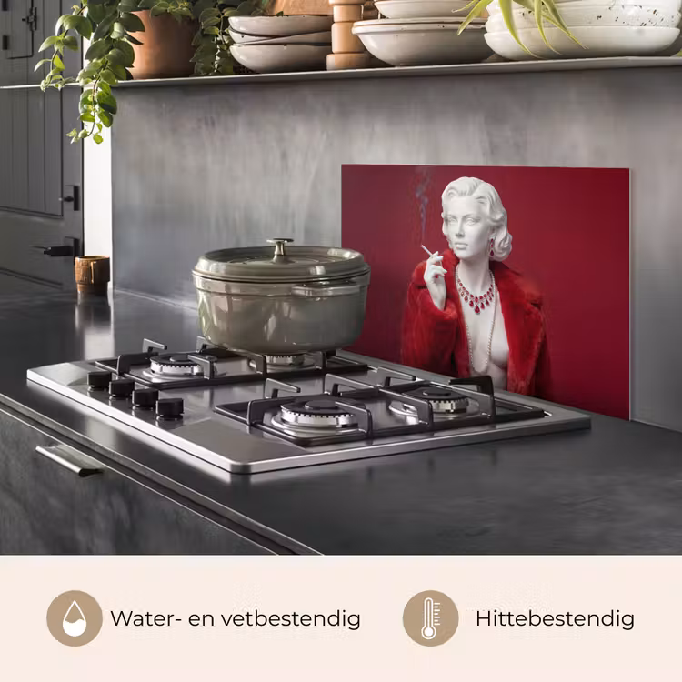 Spatscherm keuken - Vrouw - Bontjas - Mode - Klassiek - Rood — 7