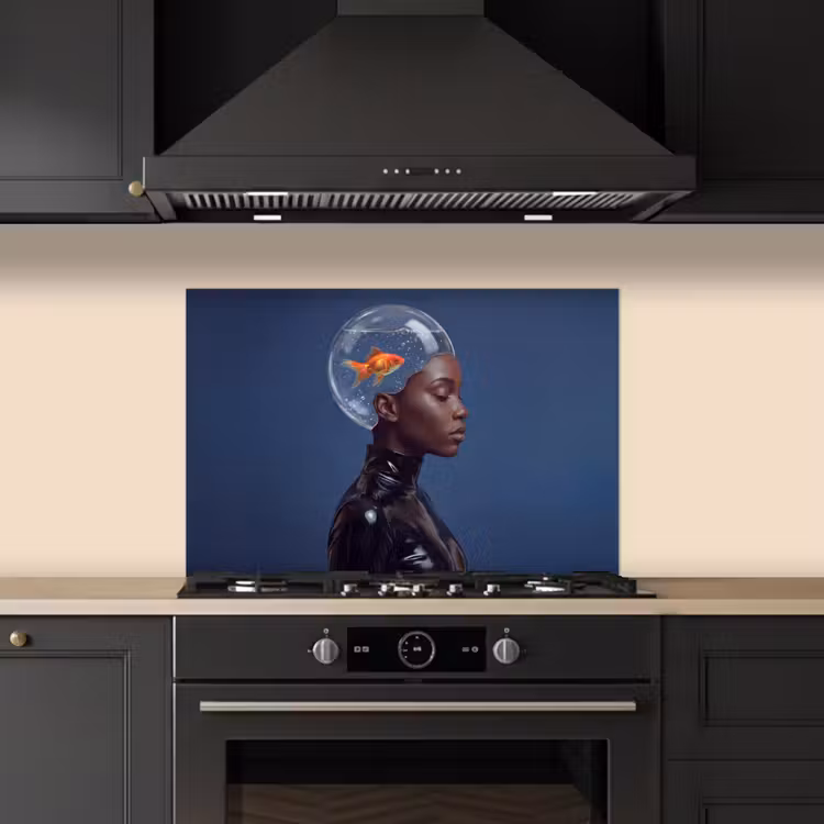 Spatscherm keuken - Vrouw - Goudvis - Hoofd - Abstract - Blauw — 2