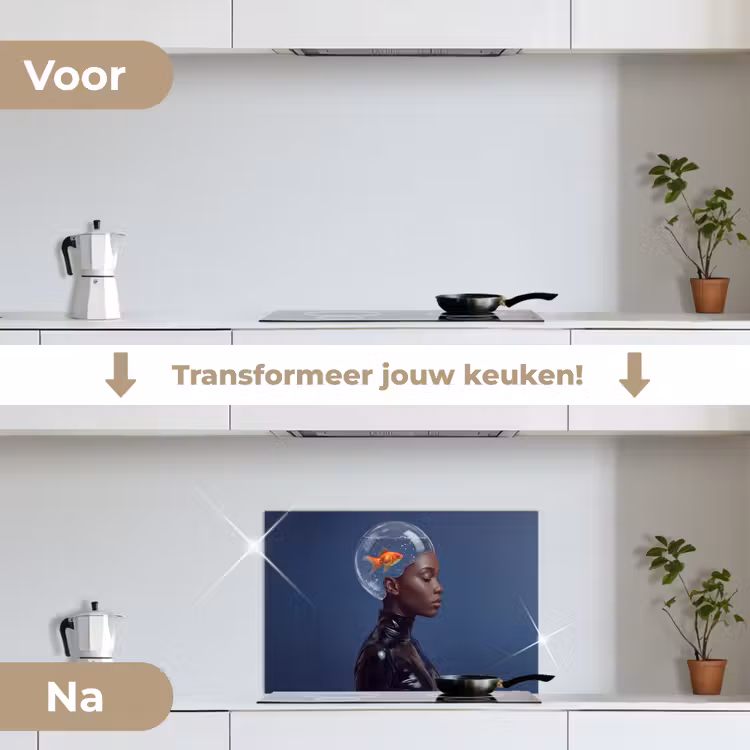 Spatscherm keuken - Vrouw - Goudvis - Hoofd - Abstract - Blauw — 3