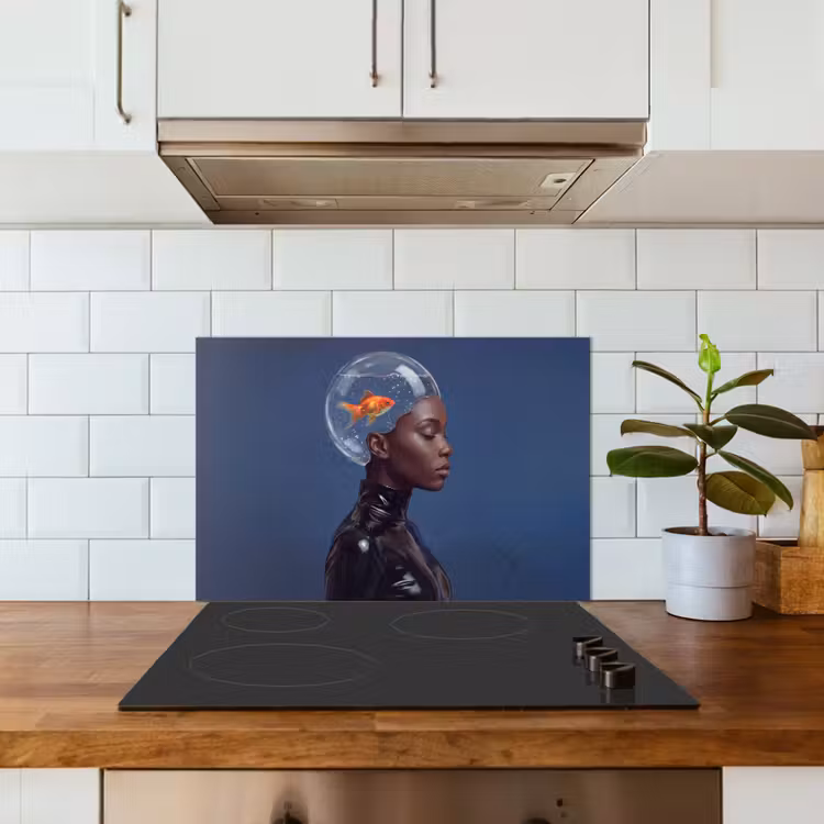 Spatscherm keuken - Vrouw - Goudvis - Hoofd - Abstract - Blauw — 6