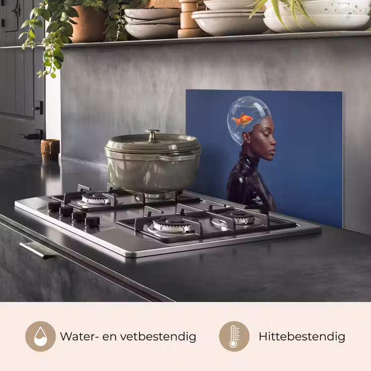Spatscherm keuken - Vrouw - Goudvis - Hoofd - Abstract - Blauw — 7