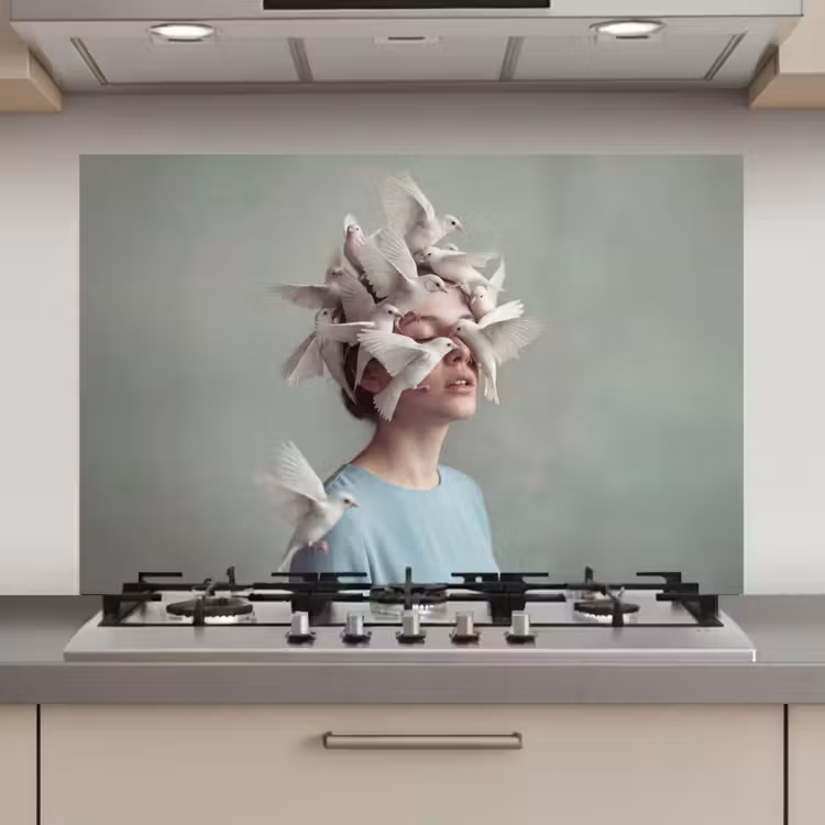 Spatscherm keuken - Vrouw - Vogels - Abstract - Modern - Wit — 1