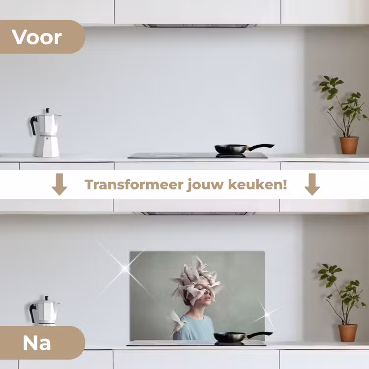 Spatscherm keuken - Vrouw - Vogels - Abstract - Modern - Wit — 3