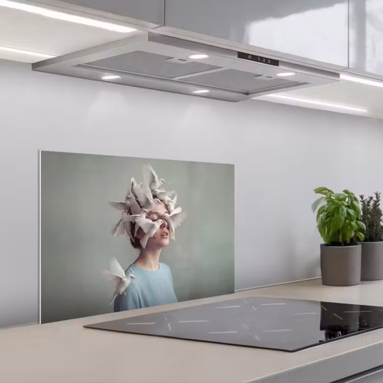Spatscherm keuken - Vrouw - Vogels - Abstract - Modern - Wit — 5