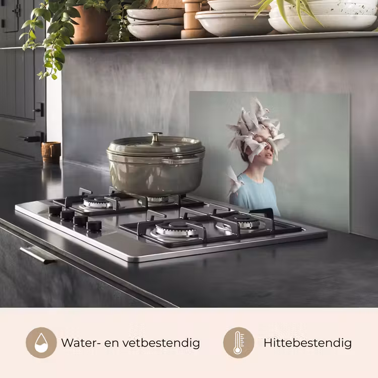 Spatscherm keuken - Vrouw - Vogels - Abstract - Modern - Wit — 7