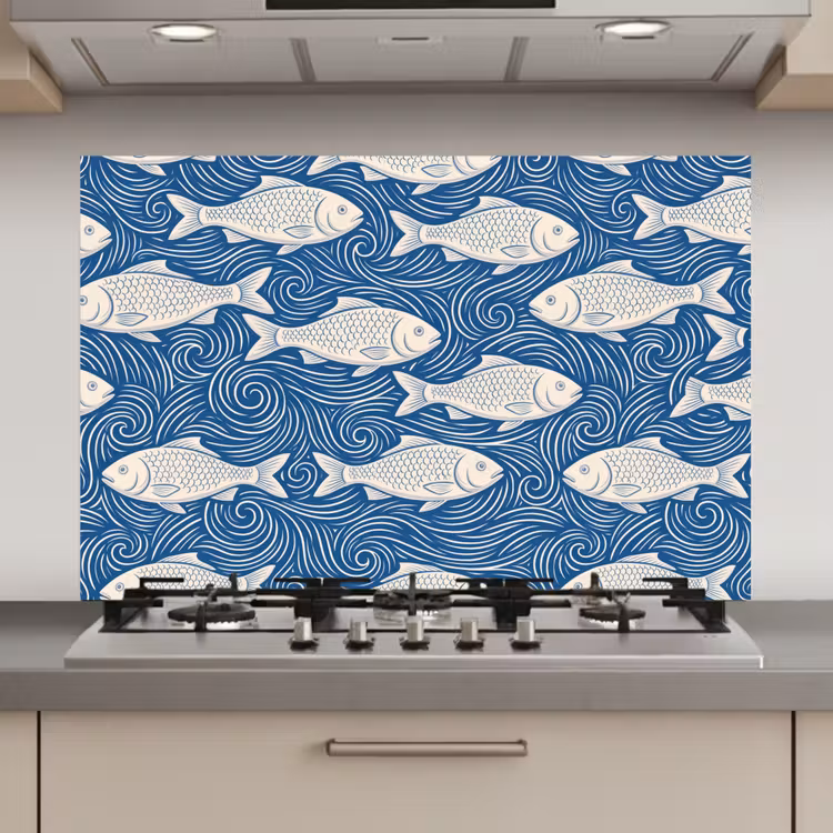 Spatscherm keuken - Vis - Water - Patroon - Grafisch - Blauw — 1
