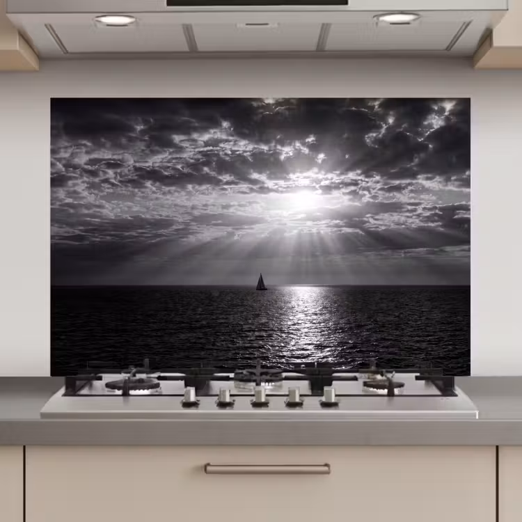 Spatscherm keuken - Water - Boot - Lucht - Natuur - Zwart-wit — 1