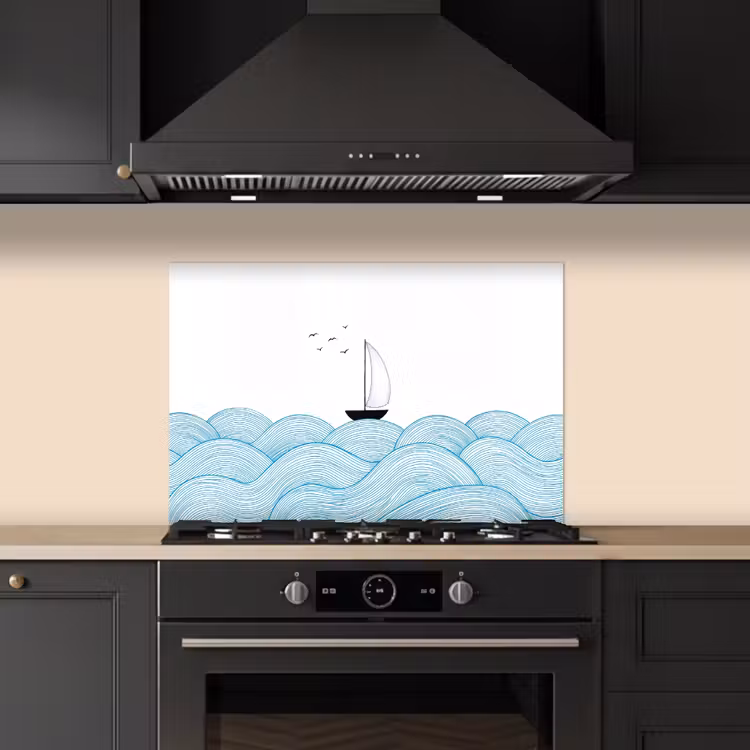 Spatscherm keuken - Zeilboot - Golven - Zee - Illustratie - Blauw — 2