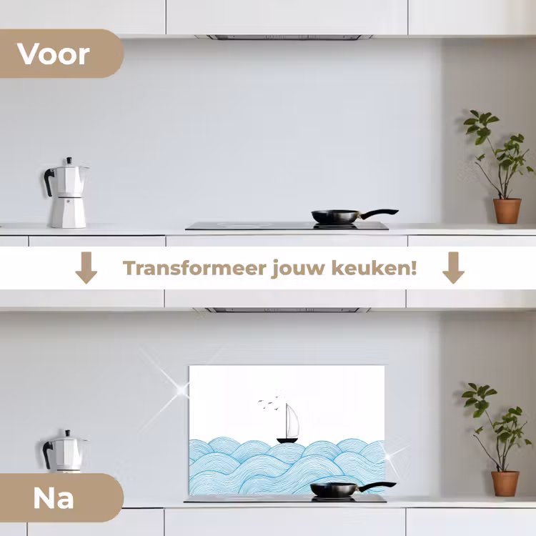 Spatscherm keuken - Zeilboot - Golven - Zee - Illustratie - Blauw — 3
