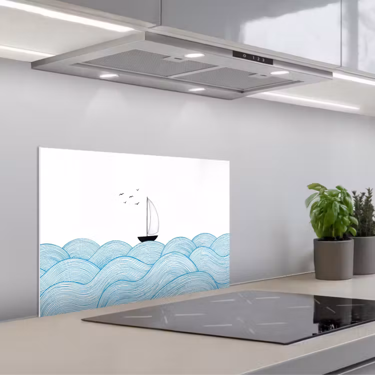 Spatscherm keuken - Zeilboot - Golven - Zee - Illustratie - Blauw — 5
