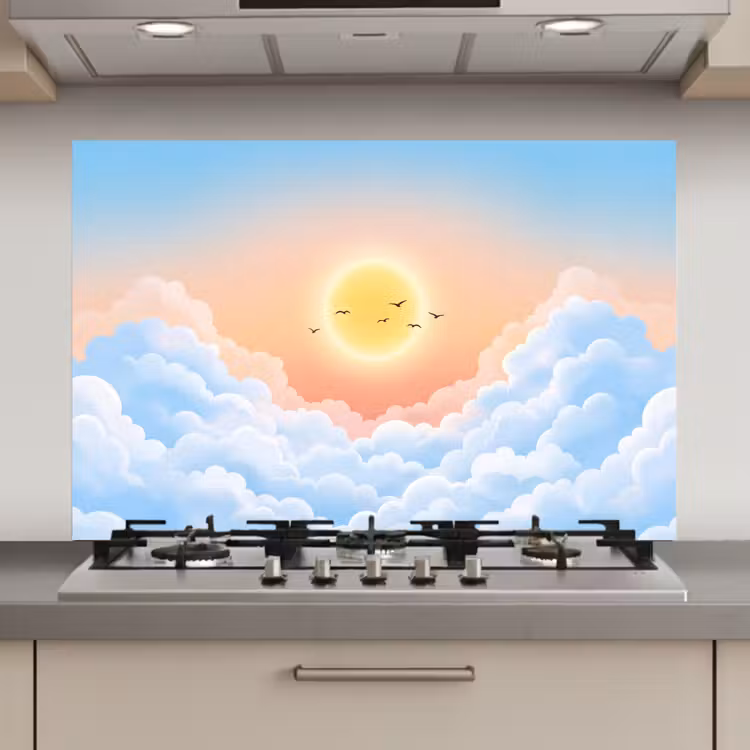 Spatscherm keuken - Zon - Vogels - Lucht - Natuur - Geel — 1