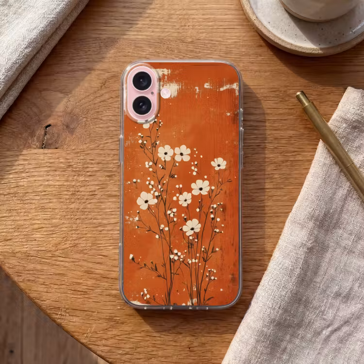 Telefoonhoesje - Bloemen - Wit - Subtiel - Roestkleur — 2