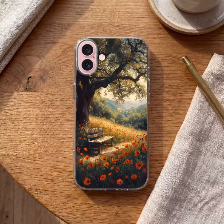 Telefoonhoesje - Bankje - Boom - Klaprozen - Heuvels — 2