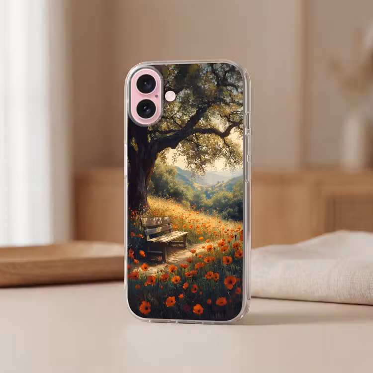 Telefoonhoesje - Bankje - Boom - Klaprozen - Heuvels — 3