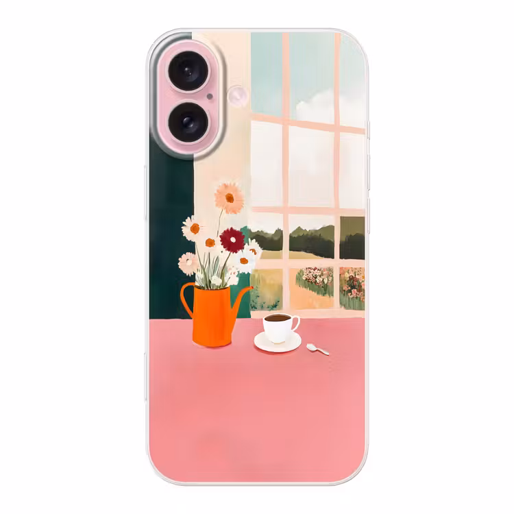 Telefoonhoesje - Bloemen - Koffie - Raam — 1