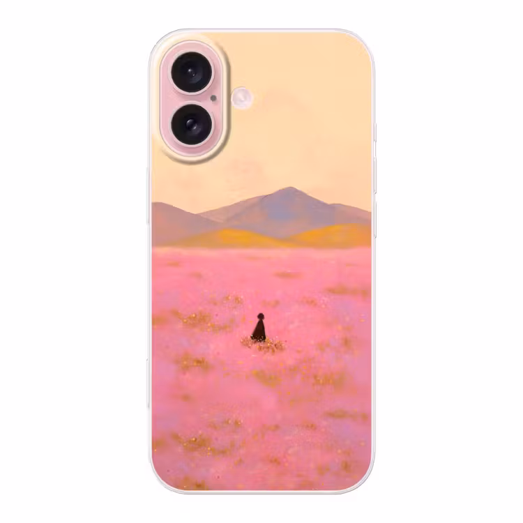 Telefoonhoesje - Bloemenweide - Heuvels - Silhouet - Roze — 1