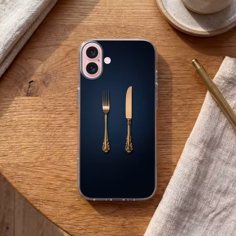 Telefoonhoesje - Bestek - Donkerblauw - Goud — 2