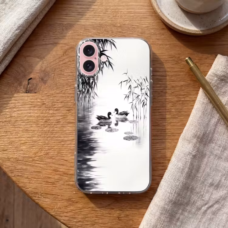 Telefoonhoesje - Eenden - Waterlelies - Riet - Zwart — 2