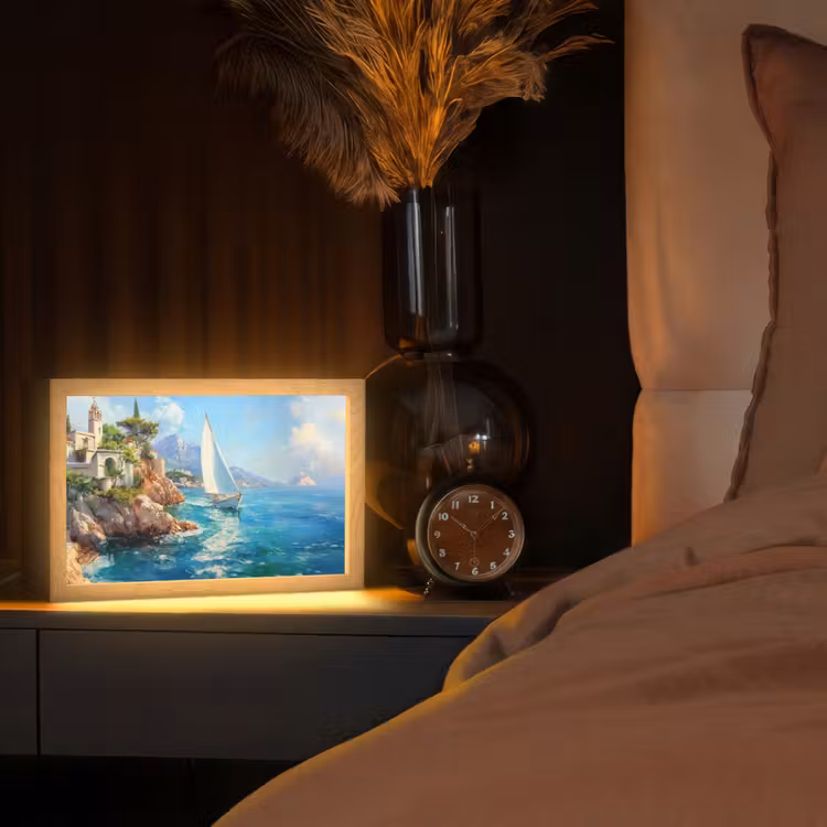 Tafellamp - Zeilboot - Rotsen - Kust - Huizen — 2