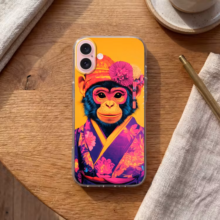 Telefoonhoesje - Aap - Kimono - Bloemen - Hoofdtooi — 2