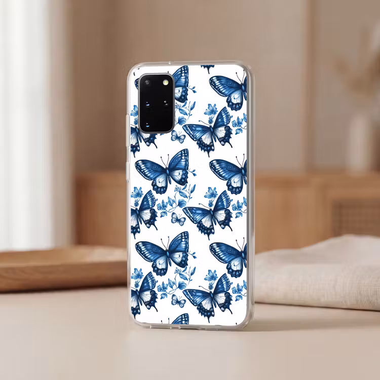 Telefoonhoesje - Blauw - Vlinders - Bloemen - Wit — 3