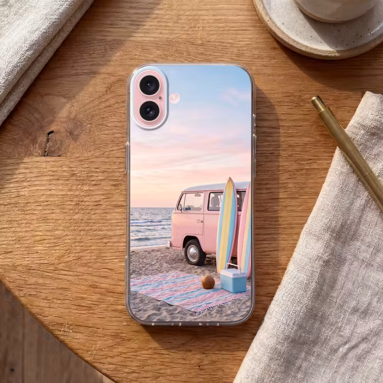 Telefoonhoesje - Busje - Strand - Surfplank - Zomer - Roze — 2