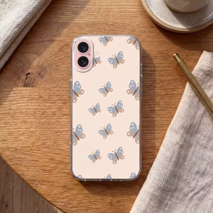 Telefoonhoesje - Insect - Vlinderpatroon - Abstract - Blauw - Beige — 2