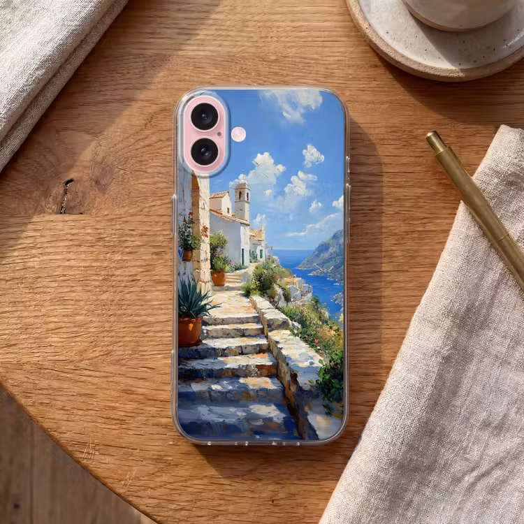 Telefoonhoesje - Trap - Huizen - Berglandschap - Zee — 2