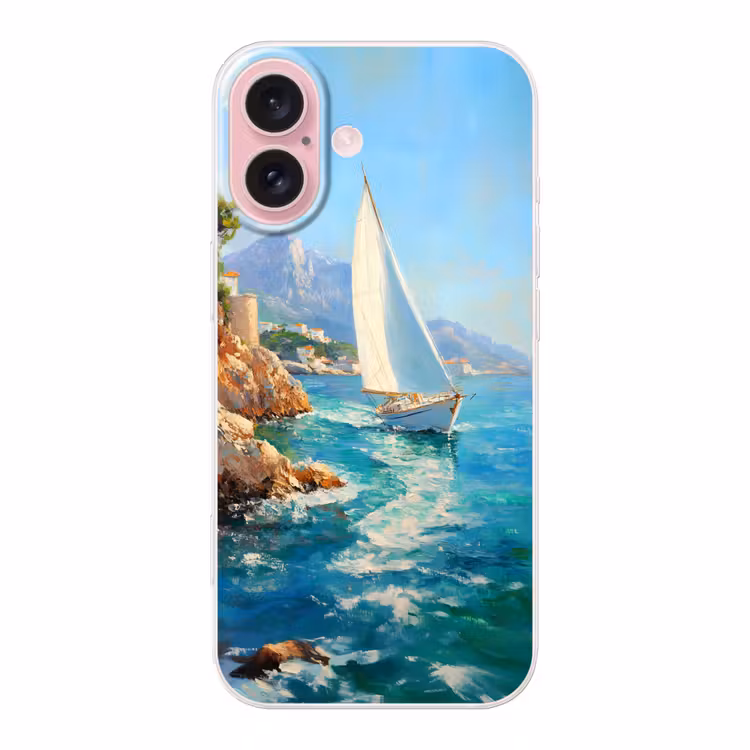 Telefoonhoesje - Zeilboot - Rotsen - Kust - Huizen — 1
