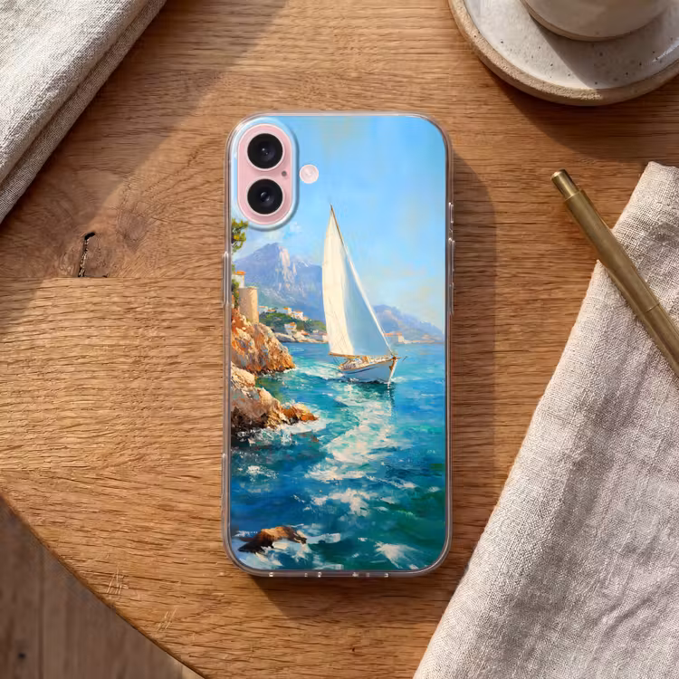 Telefoonhoesje - Zeilboot - Rotsen - Kust - Huizen — 2