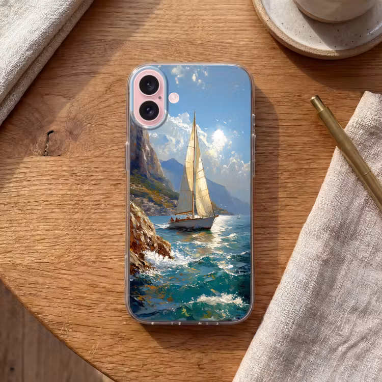 Telefoonhoesje - Zeilschip - Zee - Rotsen - Wolken — 2
